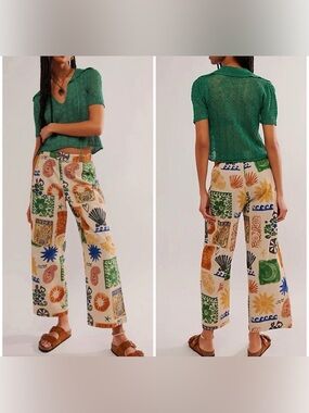 Free People Cream Multicolor Patchwork-Print Wide Leg Pants